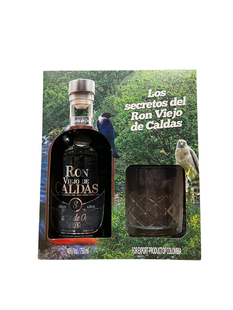 Ron Viejo de Caldas Añejo 8 Años Carta de Oro Gift Pack + Glass